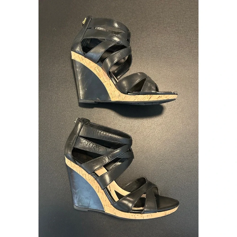 Isola Black Leather Strappy Wedge Sandals Cork Platform Back Zip Heels